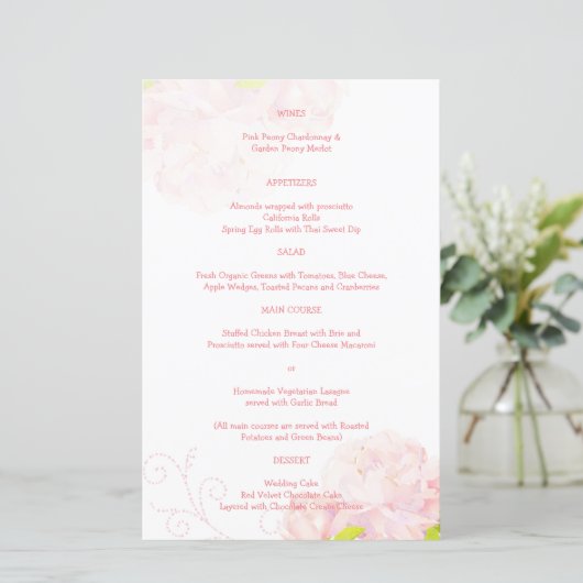 Pink Peony Spring Garden Menu Mariage (Debout devant)