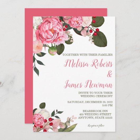 Pink Peony Wedding Invitation Kaart (Voorkant / Achterkant)