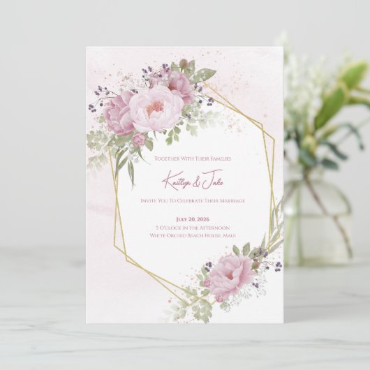 Pink Peony Wedding Invitation Kaart (Staand voorkant)