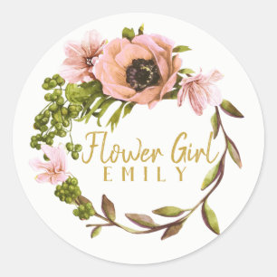 Pink Peony Wreath Bloemenmeisje Name ID456 Ronde Sticker