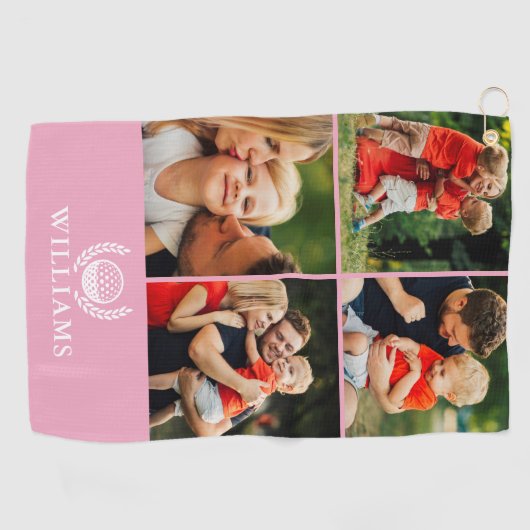 Pink Personalized Name Monogram 4 Photo Golfhanddoek (Horizontaal)
