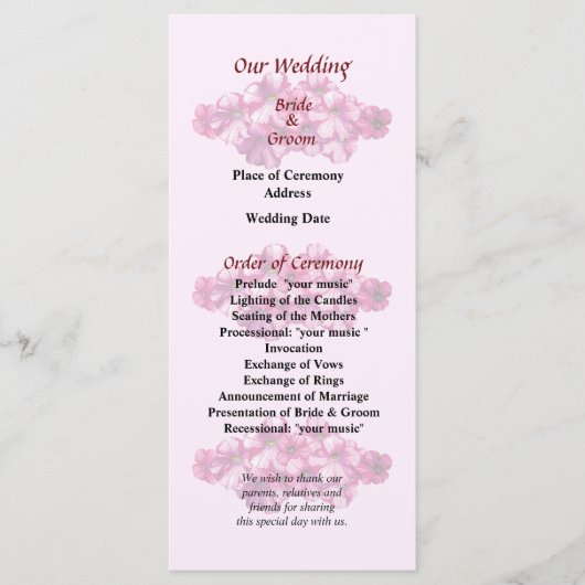Pink Petunias Wedding Programme Programma (Voorkant)