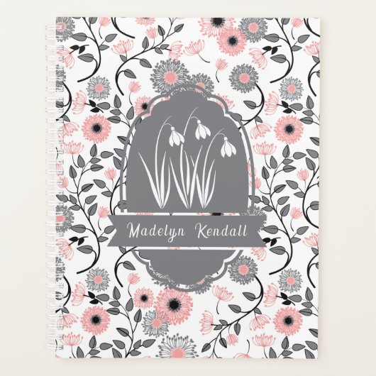 Pink & Pewter Laurentian Floral Custom Name Planner (Voorkant)