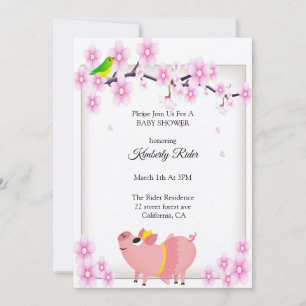 Pink Pig Cherry Blossom Baby shower Kaart