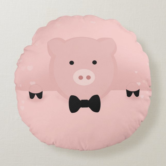 Pink Pig in een Black Bow Stropdas Rond Kussen (Voorkant)