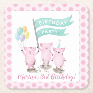 Pink Piggys Kinderen van Birthday Partij Vierkante Kartonnen Onderzetter