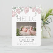 Pink Pine Cone White Foto Aankondiging Geboorte (Staand voorkant)