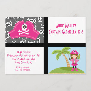 Pink Pirate Girl Squares Birthday Invitation Kaart