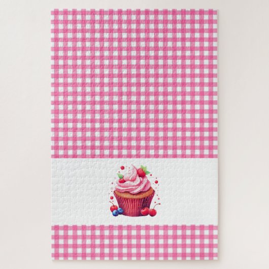 Pink Plaid Checkered Strawberry Cupcake Puzzles  (Vertical)