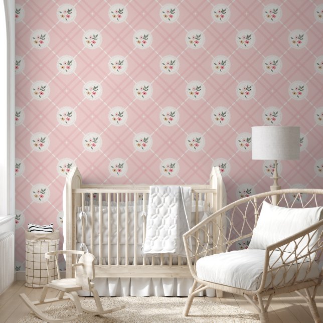Pink Plaid Floral Wallpaper Behang (Kinderen)