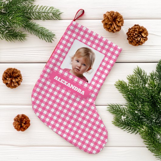 Pink Plaid Girl Photo & Name Rustic Gingham Checks Kleine Kerstsok