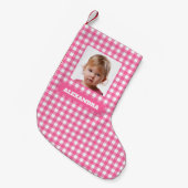 Pink Plaid Girl Photo & Name Rustic Gingham Checks Kleine Kerstsok (Voorkant (Hangend))