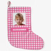 Pink Plaid Girl Photo & Name Rustic Gingham Checks Kleine Kerstsok (Voorkant)