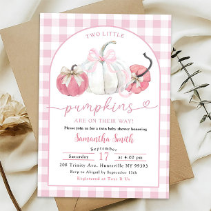 Pink Plaid Preppy Pumpkin Girl Twins Baby shower Kaart
