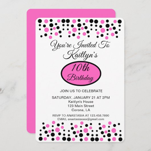 Pink Polka Dot Anniversaire Fête Invitation (Devant / Derrière)