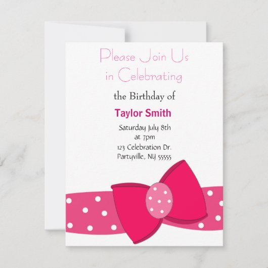 Pink Polka Dot Bow Birthday Uitnodiging (Voorkant)