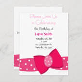 Pink Polka Dot Bow Birthday Uitnodiging (Voorkant / Achterkant)