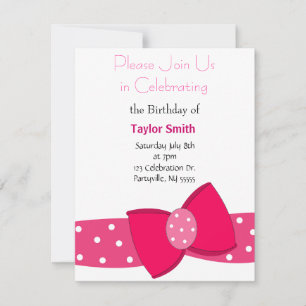 Pink Polka Dot Bow Birthday Uitnodiging