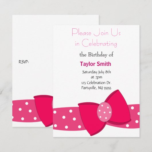 Pink Polka Dot Bow Invitation Anniversaire (Devant / Derrière)