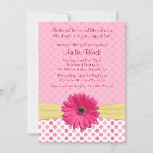 Pink Polka Dot Gerber Daisy Baby shower Invitation (Devant)