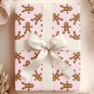 Pink Polka Dot Gingerbrood Man Kerstmis Cadeaupapier