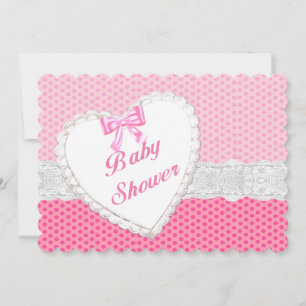 Pink Polka Dot Lace Heart Baby shower Uitnodiging
