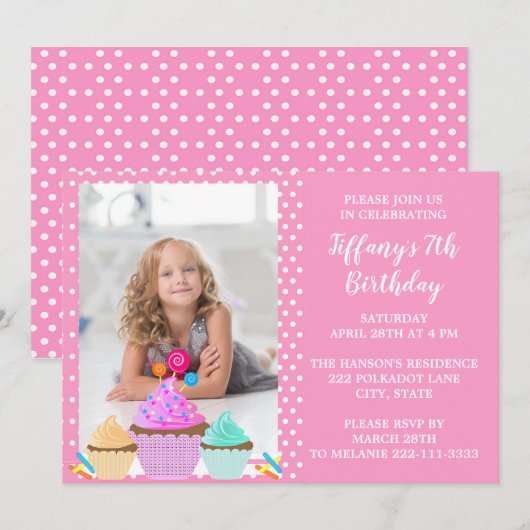 Pink Polka Dot Photo Anniversaire Invitation (Devant / Derrière)