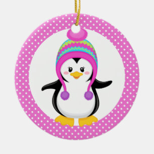 Pink Polka Dot Winter Penguin Girl Keramisch Ornament