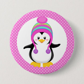 Pink Polka Dot Winter Penguin Girl Ronde Button 7,6 Cm