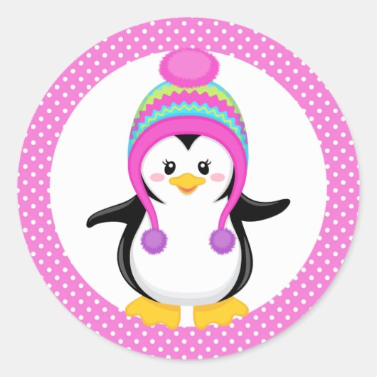 Pink Polka Dot Winter Penguin Girl Ronde Sticker (Voorkant)
