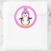 Pink Polka Dot Winter Penguin Girl Ronde Sticker (Tas)