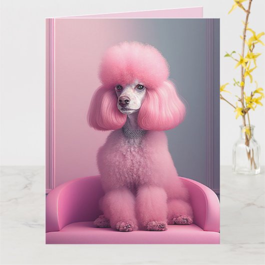 PINK POODLE ART CARTE D'ANNIVERSAIRE (Fleur jaune)