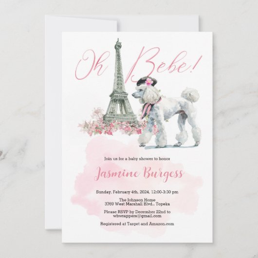 Pink Poodle Paris Baby shower Invitation (Devant)