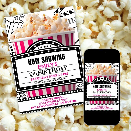 Pink Popcorn Movie Night Party Invitation