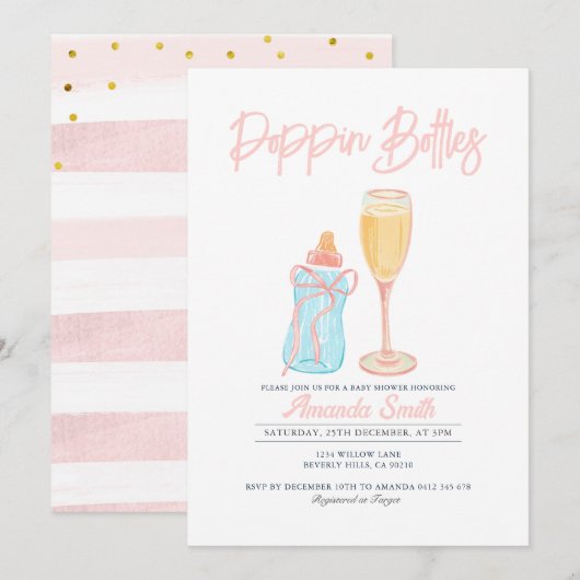 Pink Poppin' Bouteilles Invitation Baby shower fil (Devant / Derrière)