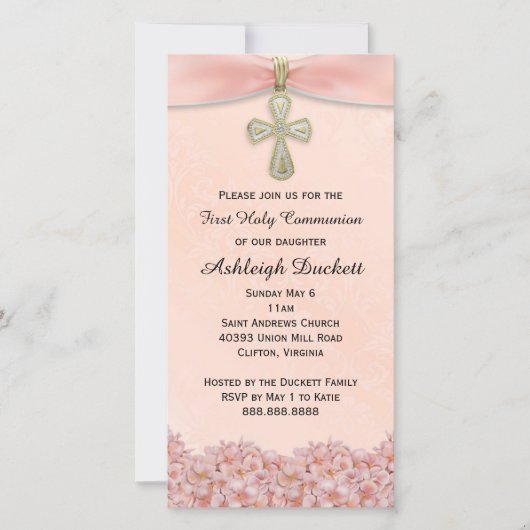 Pink Première Sainte Communion Invitation religieu (Devant)
