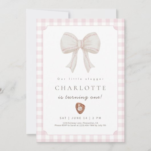 Pink Preppy Baseball Bow Birthday Invitation (Devant)