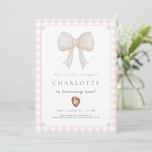 Pink Preppy Baseball Bow Birthday Invitation (Debout devant)