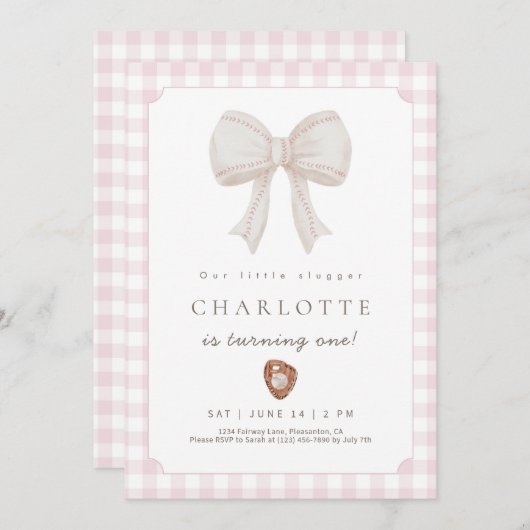Pink Preppy Baseball Bow Birthday Invitation (Devant / Derrière)