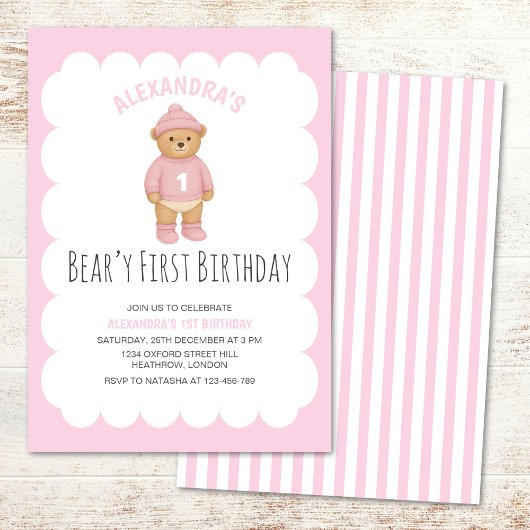 Pink Preppy Bear Beary First Birthday Invitation Kaart