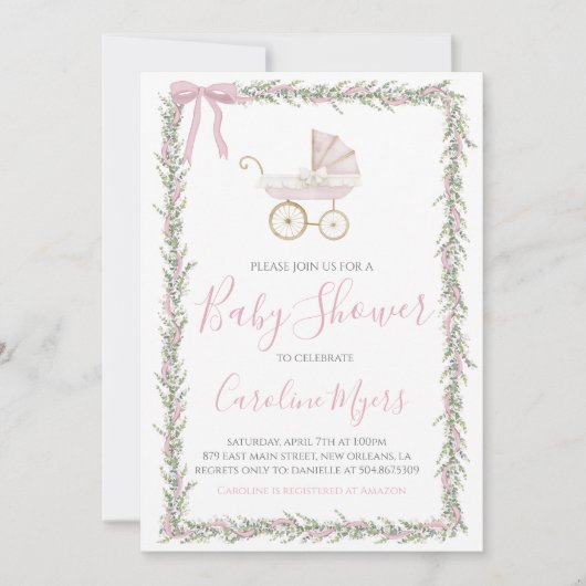 Pink Preppy Carriage Baby Girl Shower Invitation (Devant)