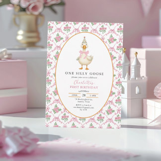 Pink Preppy One Silly Goose Bow 1st Birthday Kaart