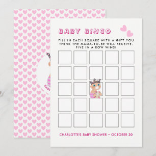 Pink Princess Baby shower Baby Bingo Game Kaart