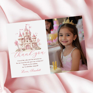 Pink Princess Castle Girl's Birthday Party Photo Bedankkaart