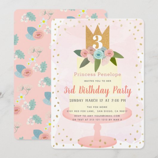 Pink Princess Floral Cake Girl Invitation Annivers (Devant / Derrière)