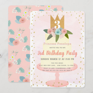 Pink Princess Floral Cake Girl Invitation Annivers