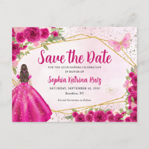 Pink Princess Floral Quinceañera Save the Date Briefkaart