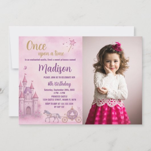 Pink Princess Invitation d'anniversaire avec photo (Devant)