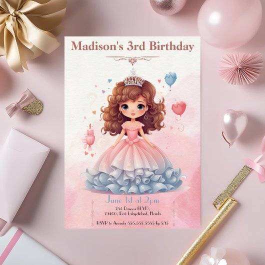 Pink Princess Invitation de fête d'anniversaire