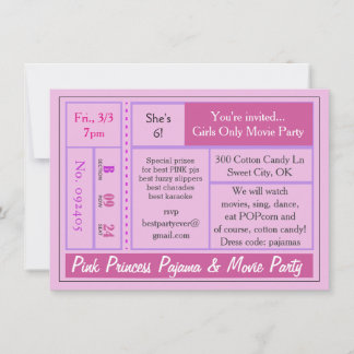 Pink Princess Pajama en Movie Party Invite Kaart